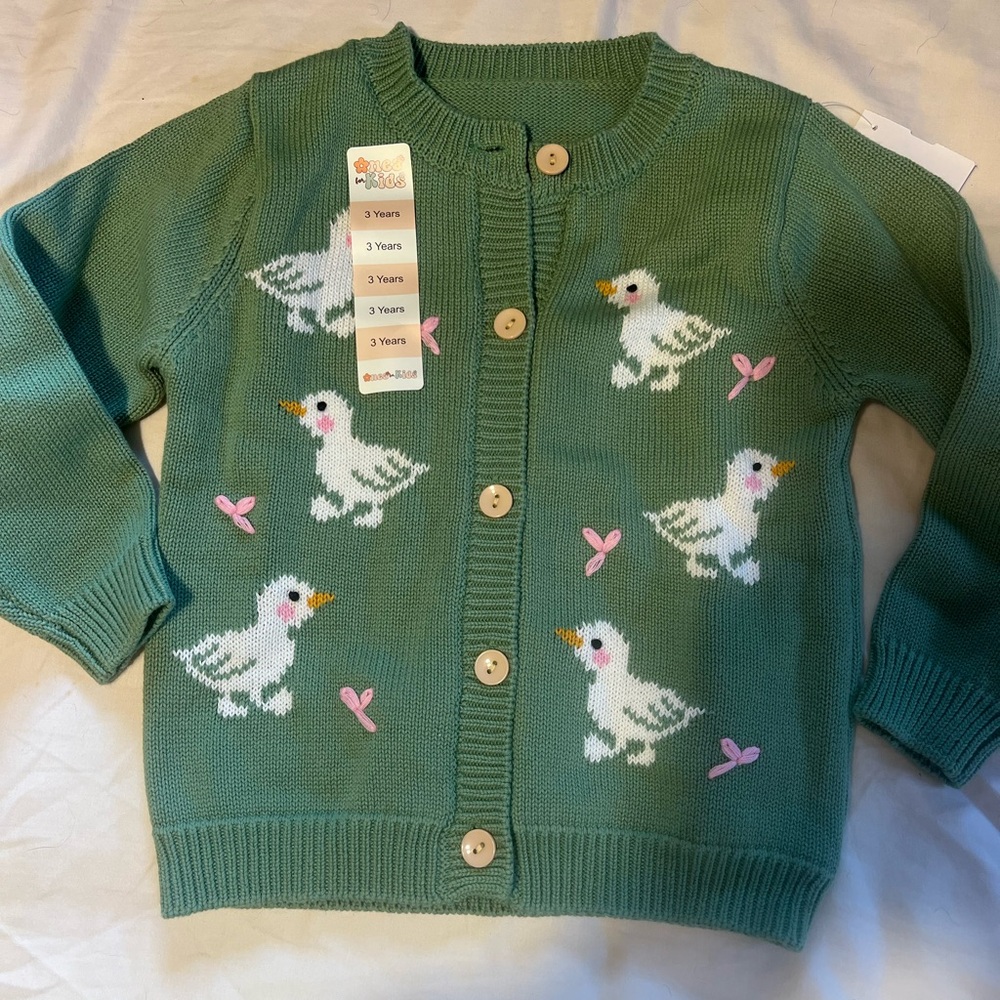 Green Kids Cardigan with White Duck Motif